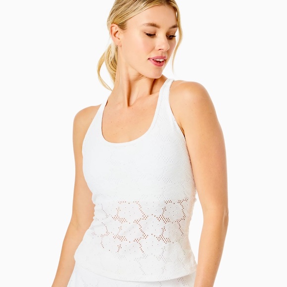 Lilly Pulitzer Luxletic Asana Bra Tank Top White Floral Stretch Eyelet Jacquard - Picture 3 of 16